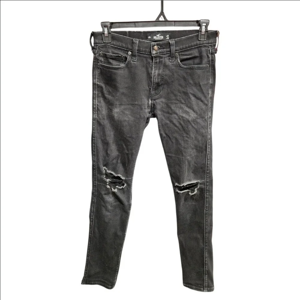 Hollister Skinny Jeans Faded Black Distressed Ripped Knee Denim 31x32 Womens